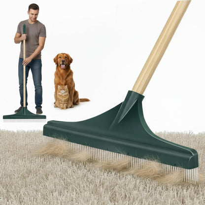 Lasnten 18'' Carpet Rake and Groomer with 54 Inch Wooden Handle, Large Carpet Brush for Fluff Matted, Remove Leaves, Shrubs, Pet Hairs, Debris from Turf