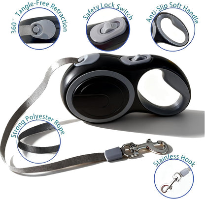 Retractable Dog Leash 16 FT Walking Leash Up to 44 lb, 360° Tangle-Free Dog Leashe, Strong Nylon Tape No Tangle, Explosion-Proof Carabiner, Anti-Slip Handle (Black, 16FT)