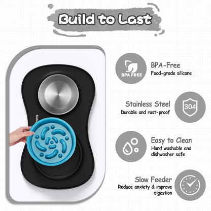 MateeyLife Dog Food and Water Bowl Set 3 in 1, Dog Bowls Slow Feeder & Stainless Steel Water Bowl with Non-Spill Silicone Mat, Cat and Puppy Bowls Pet Dishes for Small Medium Large Breed Anti-Choking