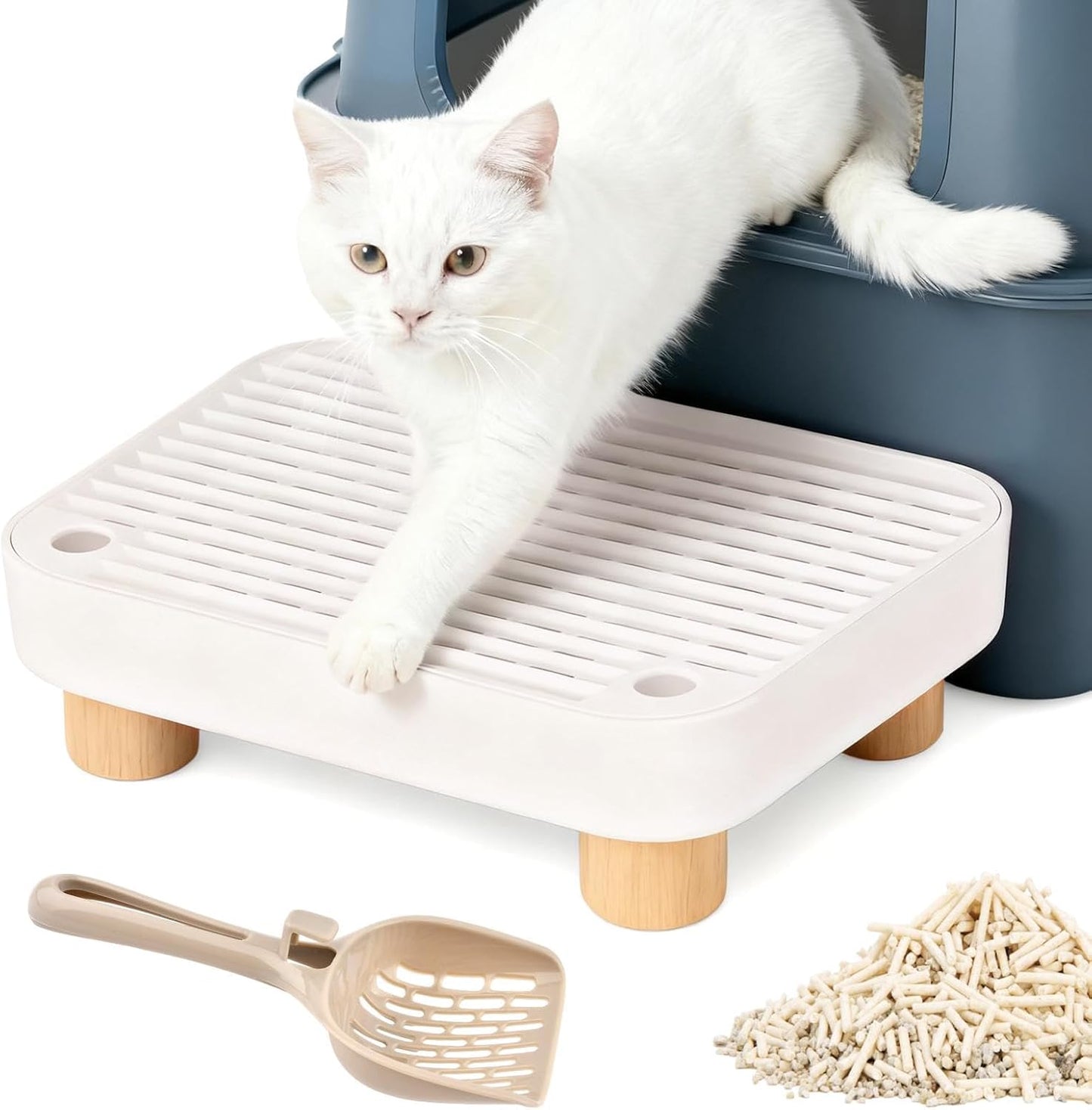 Cat Litter Box Ramp,Litter Box Step Mat with Filt er Function,Wooden Base No n-Slip Cat Ramp Reduces Tracking,for Automatic Litters Boxes,Kittens & Senior Cats (30 * 20.7 * 9cm,Color:White)