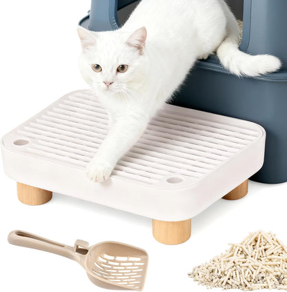 Cat Litter Box Ramp,Litter Box Step Mat with Filt er Function,Wooden Base No n-Slip Cat Ramp Reduces Tracking,for Automatic Litters Boxes,Kittens & Senior Cats (30 * 20.7 * 9cm,Color:White)