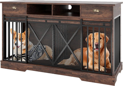 63 Inch Extra-Large Double Dog Crate Furniture with Removable Divider, Wooden Heavy-Duty Indoor Kennel Cabinet with 2 Storage Drawers and Open Shelves, Brown Dog Cage Console for Living Room