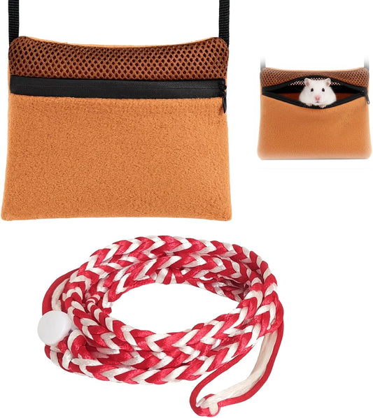 Sugar Glider Pouch, Sugar Glider Bonding Pouch, Comfortable Small Animal Carrier with Brown Leash, Soft Fleece Material, Durable Nylon Leash, Perfect for Travel and Bonding