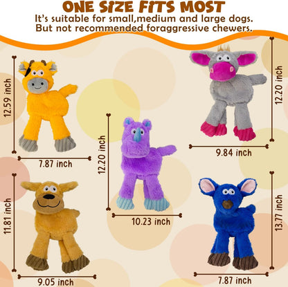 Squeaky Dog Toys, No Stuffing 5 Pack Crinkle Dog Toy for Small,Medium Large Dogs, Not for Aggressive Chewers, Indoor Outdoor Training,Dog,Donkey,Cow,Rhino,Hipo.