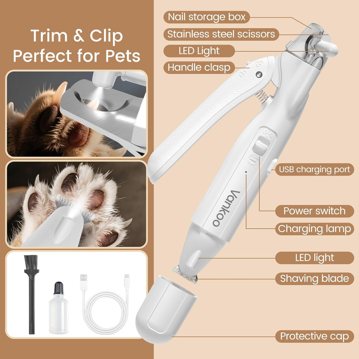 2 in 1 Dog & Cat Nail Clippers & Trimmers with LED Lights, Splash Guard - Pet Hair Trimmer for Around Paws, Ear, Eye,Face, Rump Rechargeable & IPX7 Waterproof Grooming Supplies for Dog, Cat