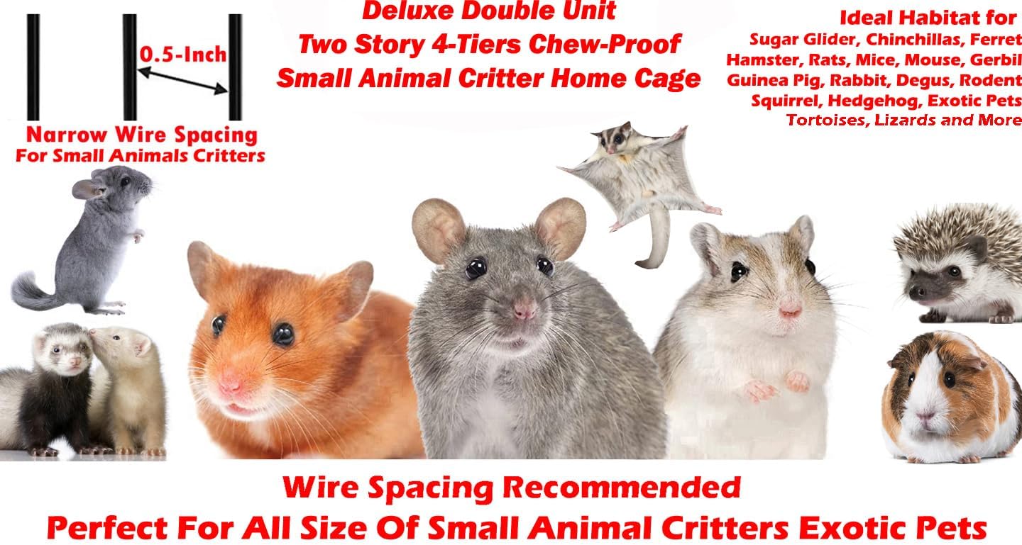 Deluxe Double Unit Two Full Story Durable Front Doors Tight 1/2-inch Wire Spacing Chew-Free Small Animal Critter Home Cage Water Bottle Food Bowl for Feisty Ferret Hammock Rat Mice On Wheels