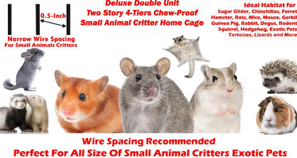 Deluxe Double Unit Two Full Story Durable Front Doors Tight 1/2-inch Wire Spacing Chew-Free Small Animal Critter Home Cage Water Bottle Food Bowl for Feisty Ferret Hammock Rat Mice On Wheels