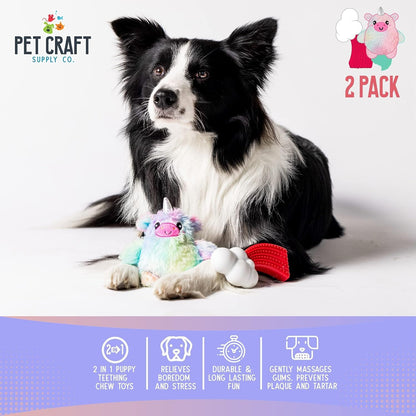 Pet Craft Supply Puppy Teething Dental Chew Teeth Cleaning Nylon Bone Squeaky Plush Dog Toys with Super Squeaker Ball 2 Pack Cute Tough Durable for Puppies Small Medium Dogs Aggressive Chewers
