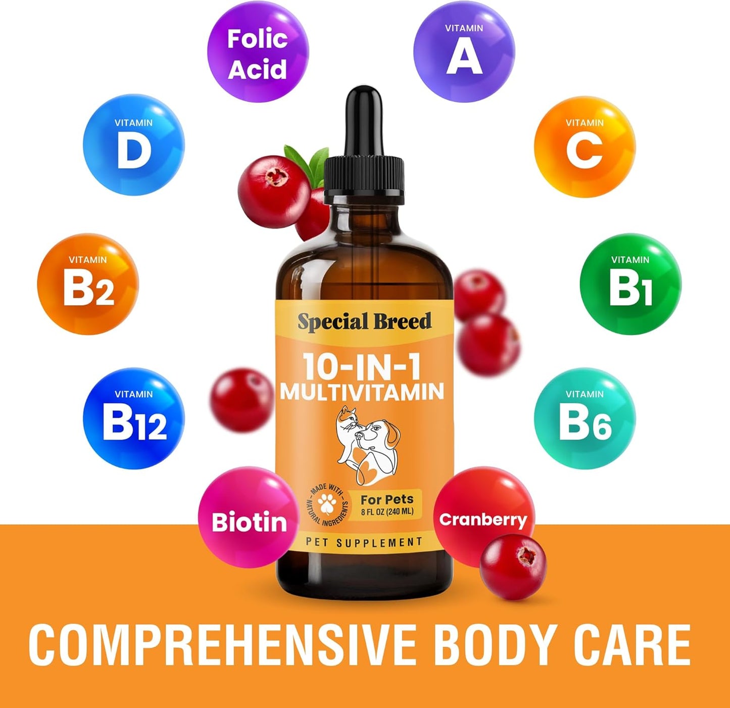 10-in-1 Liquid Multivitamin for Dogs and Cats, 8 Ounce Multi Vitamin Supplement, Vitamin for Dogs, Vitamins for Cats, with Glucosamine & Cranberry, 8 oz