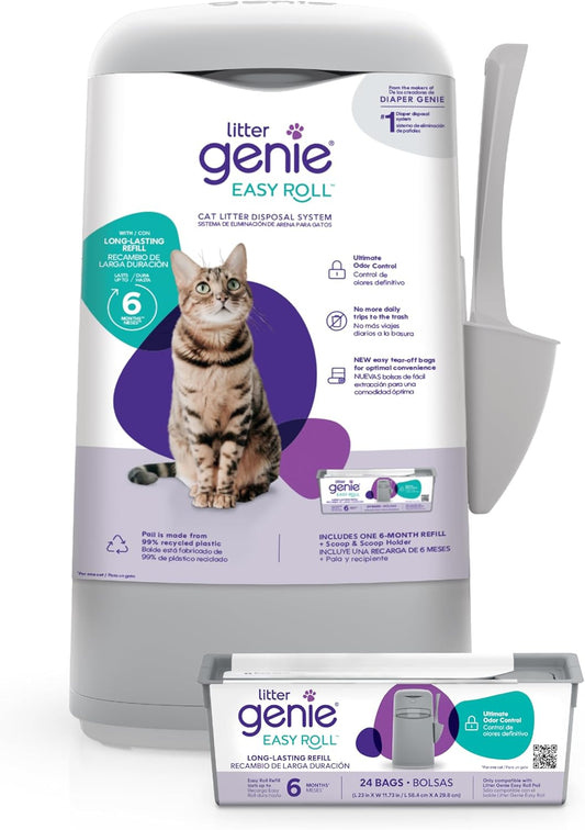 Litter Genie Easy Roll Pail | Cat Litter Box Waste Disposal System for Odor Control | Includes 1 roll of 24 Easy Tear-Off Bags