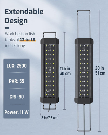 Pawfly 11W Aquarium LED Light for 12 to 18 Inch Fish Tanks Extendable Fish Tank Light with Full Spectrum Brilliant White Blue Red Lights with Daytime & Night Modes and Adjustable Brightness