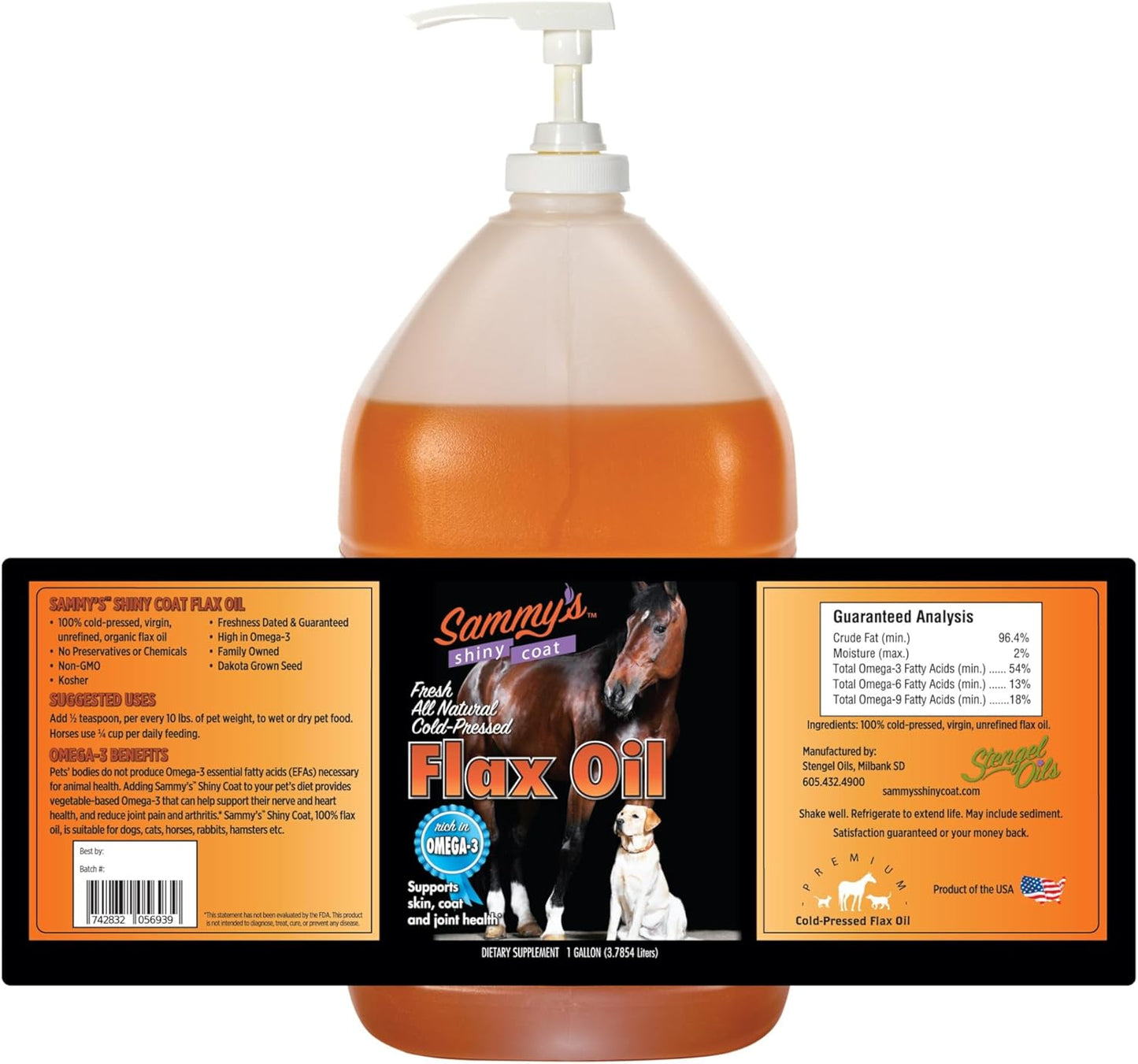 Sammy's Shiny Coat Flax Oil for Horses, Pure Flaxseed Oil for Horse, Rich in Omega-3 Fatty Acids, Flax Oil Horse Supplement for Skin and Coat, Immune, Cardio and Joint Support, 1 Gallon with Free Pump