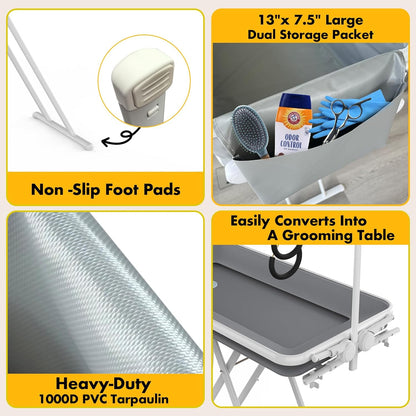 PAWZIDEA 2-in-1 Portable Dog Bathtub & Grooming Table, 33" Foldable Pet Washing Station for Small Medium Dogs Cats, Elevated Tubs for Bathing Shower Indoor Outdoor, 5 Height Adjustable, Storage Pocket