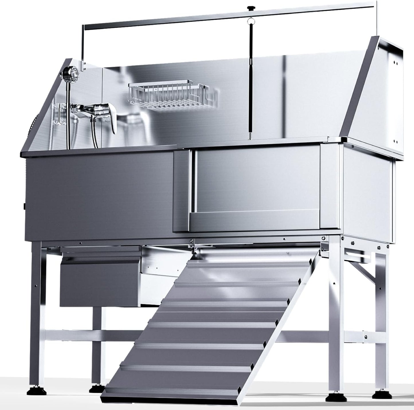 46" Dog Washing Station, Professional Stainless Steel Dog Bathtub w/Ramp & Storage Drawer, Adjustable Grate, Non-Slip Design, Home Grooming & Large Dogs (Right Ramp)