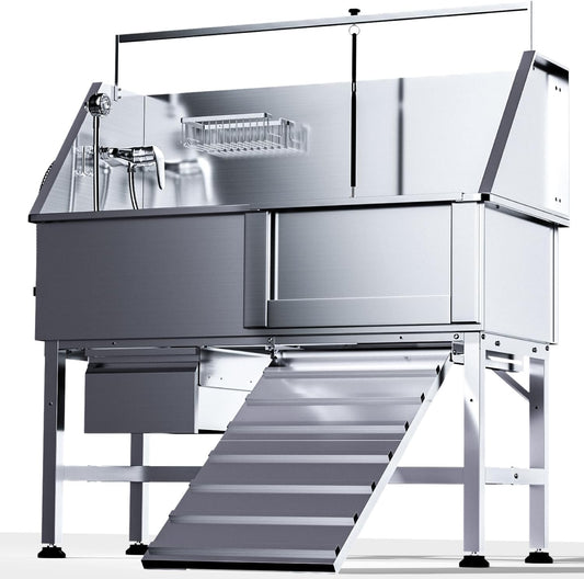46" Dog Washing Station, Professional Stainless Steel Dog Bathtub w/Ramp & Storage Drawer, Adjustable Grate, Non-Slip Design, Home Grooming & Large Dogs (Right Ramp)