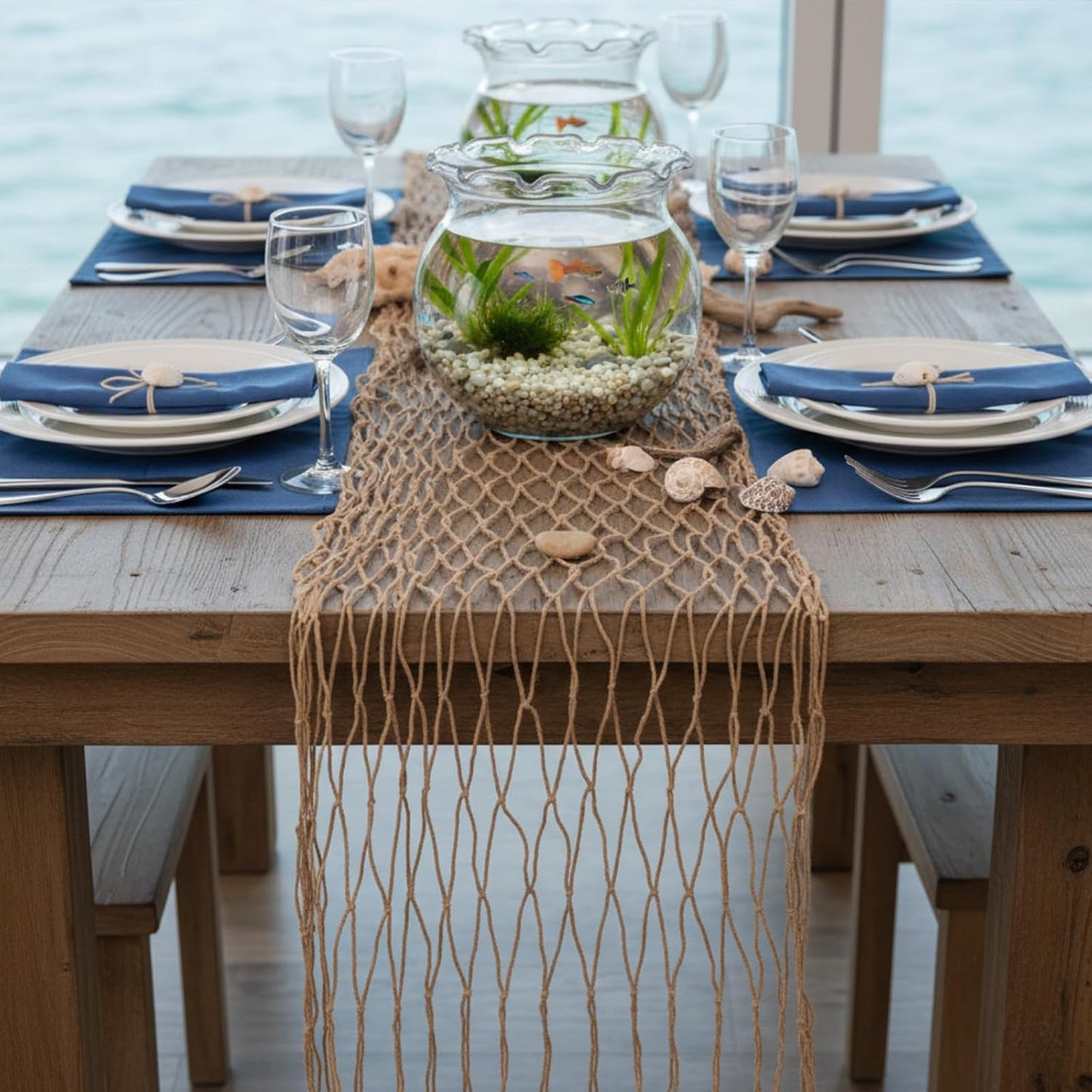 SATINIOR Mini Plastic Fish Bowl with Fish Net Decor, 6 Small 0.18 Gallon Lace Bubble Bowl Pair with 6 Fishnet, for Ocean-Themed Aquarium Hawaiian Parties Banquets Mediterranean Style