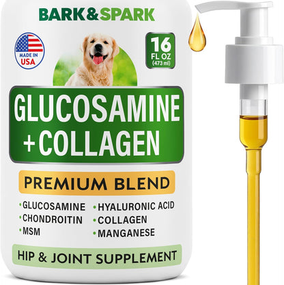 BARK&SPARK Liquid Collagen + Glucosamine for Dogs - 16 Fl Oz Easy to Serve Joint Supplement - Advanced Formula with Chondroitin, MSM, Hip & Joint + Skin & Coat Care - Made in USA