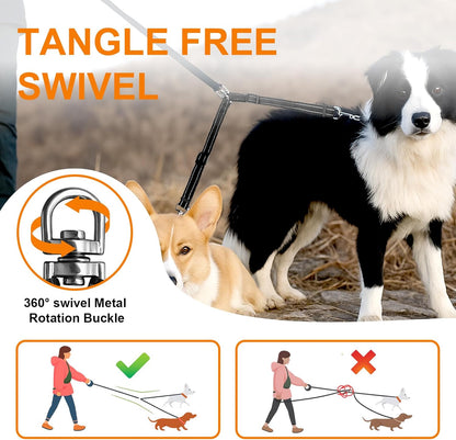 MingXpet Double Dog Leash for Two Dogs, No Pull Dog Leash, 360° Swivel No Tangle for Small Dogs Walking & Training, Shock Absorbing Reflective Bungee, Black