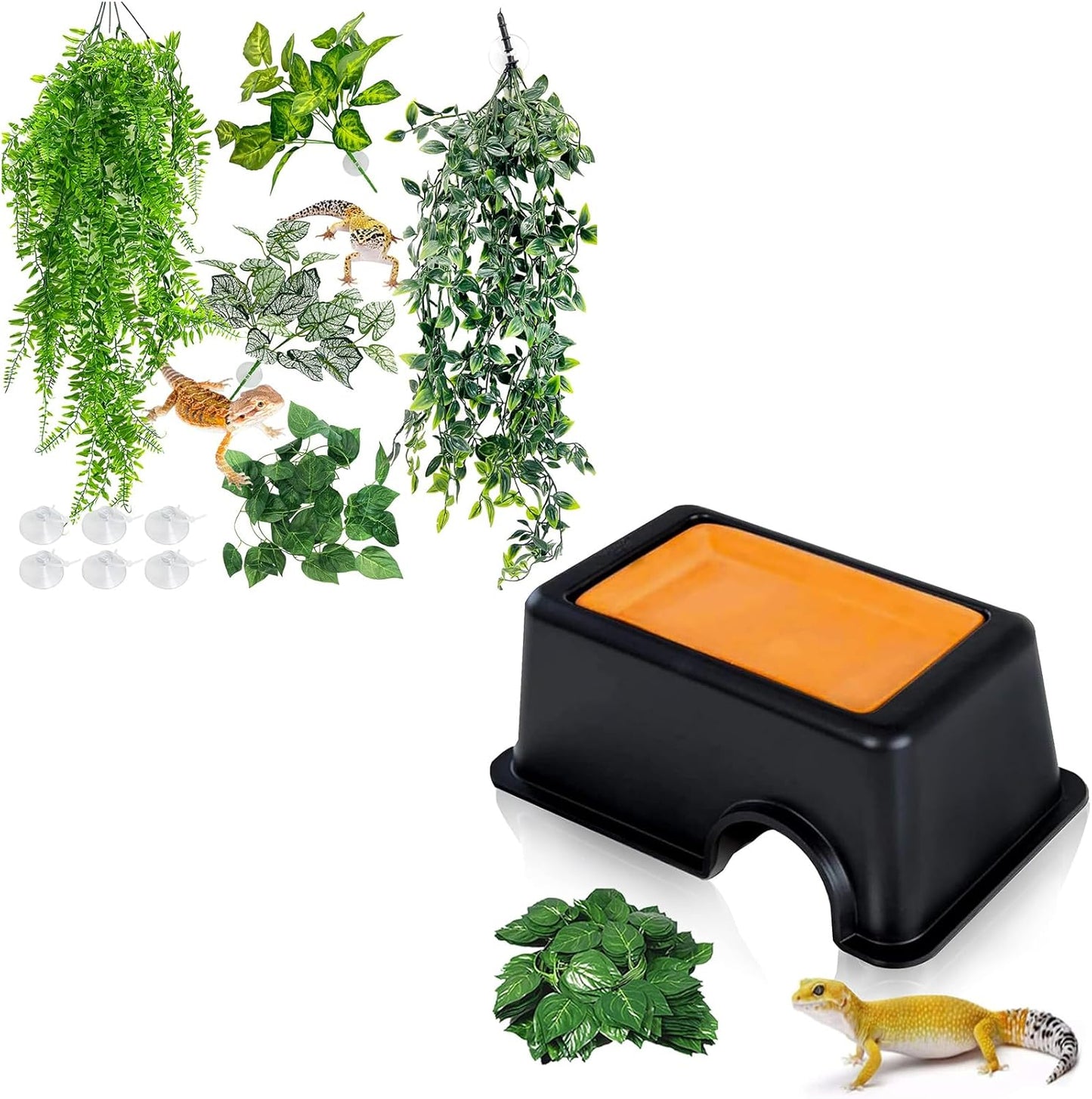 Hamiledyi 5 Pcs Reptile Plants Terrarium Hanging Fake Plant Leaves and Reptile Hide Box Gecko Hideout Cave with Sink Humidifier for Ball Python Bearded Dragon Chameleon Lizard