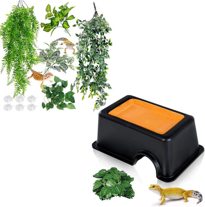 Hamiledyi 5 Pcs Reptile Plants Terrarium Hanging Fake Plant Leaves and Reptile Hide Box Gecko Hideout Cave with Sink Humidifier for Ball Python Bearded Dragon Chameleon Lizard