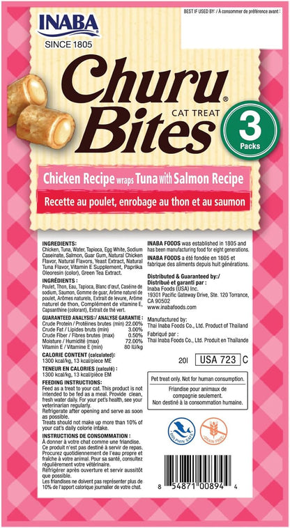 INABA Churu Bites for Cats, Soft/Chewy Baked Chicken Wrapped Churu Filled Cat Treats with Vitamin E, 0.35 Ounces per Tube, 18 Tubes Total (3 Tubes per Pack), Tuna with Salmon Recipe