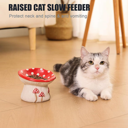 Ceramic Cat Slow Feeder, Cute Mushroom Shape Elevated Food Bowl, Shallow Raised Cat Dish, Anti Vomiting Whisker Fatigue Bowls