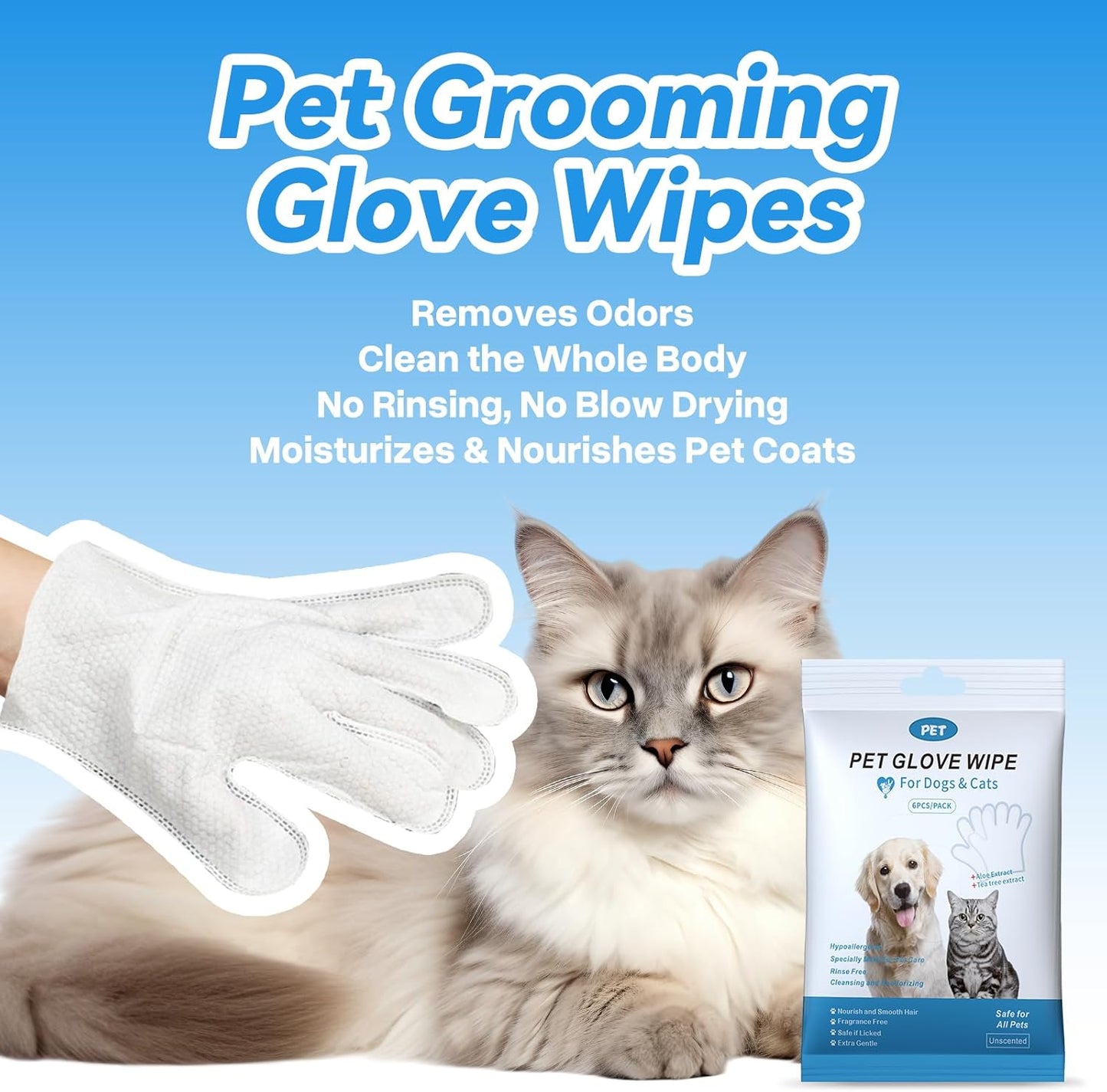 WGP Pet Glove Wipes for Dogs Cats, Cleaning & Deodorizing Grooming Gloves, Dog Wipes for Body Daily Care, Cat Grooming Wipes Cleaning Fur Traveling Rinse Free, Odorless and Unscented, 3pack/18pcs