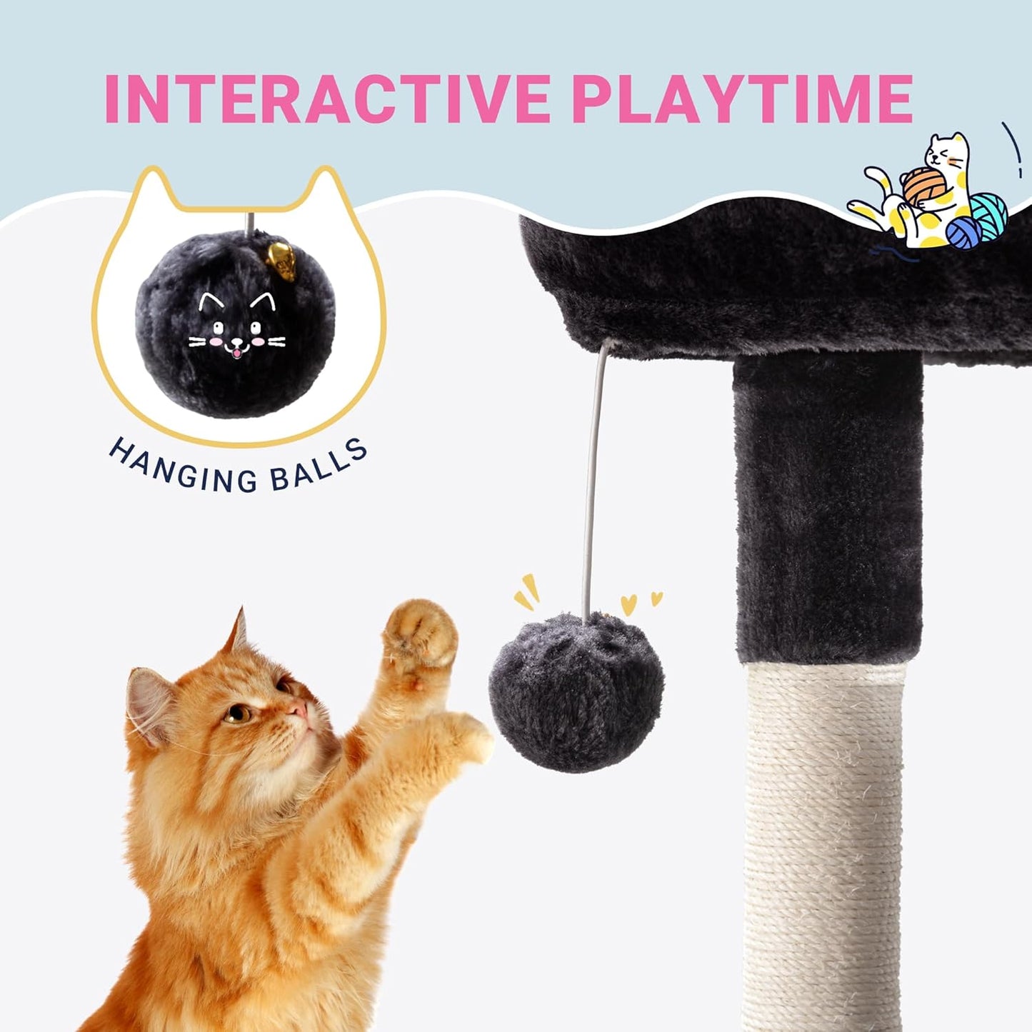 Allewie 29.5in Indoor Cat Tree, Multi-Level Cat Tower with Sisal Scratching Posts, Padded Perch, Basket, Condo, and Hanging Ball, Suitable for Kittens and Adult Felines,Dark Grey