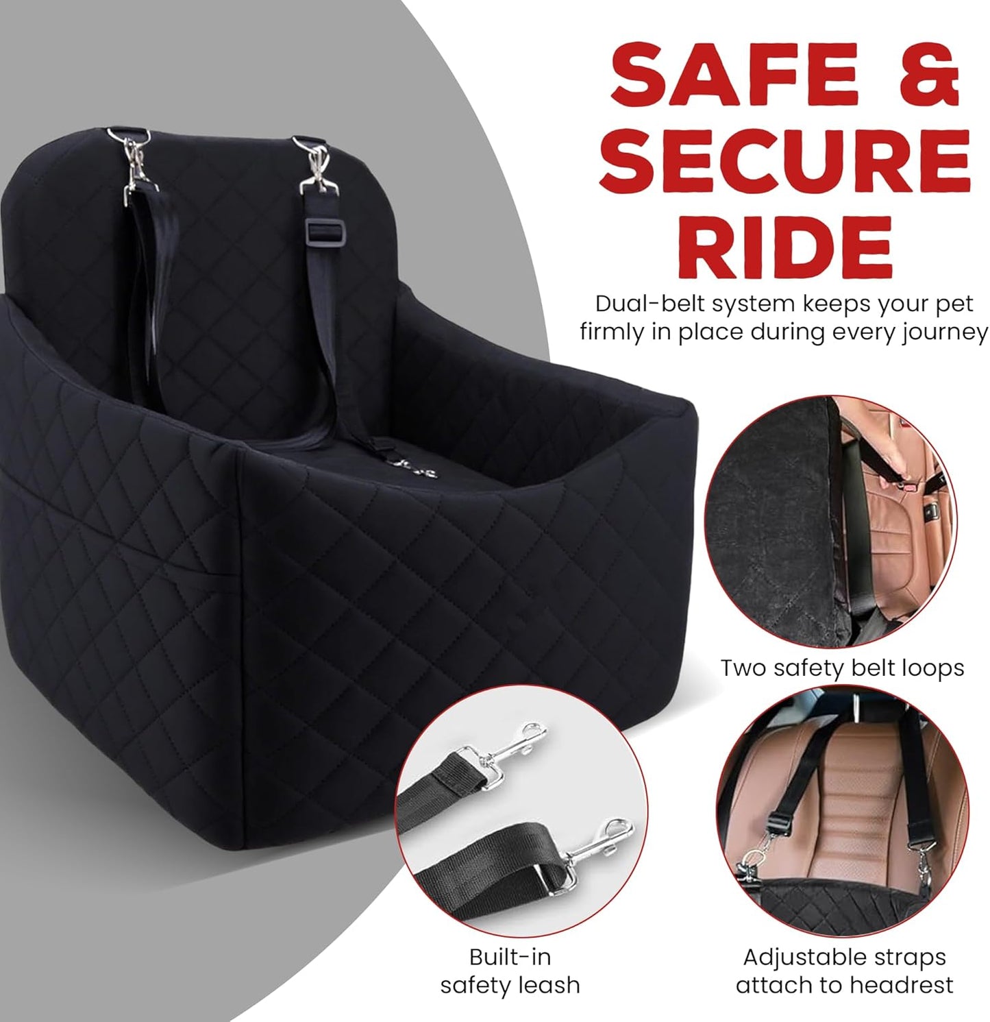 Elevated Dog Car Seat for Small/Medium Dogs up to 35 lbs, Memory Foam Pet Booster Seat with Detachable Washable Cover, Portable Travel-Safe Bed for Cars with Safety Belts and Storage Pockets