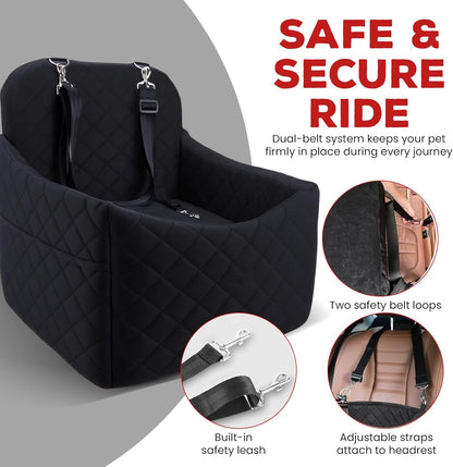 Elevated Dog Car Seat for Small/Medium Dogs up to 35 lbs, Memory Foam Pet Booster Seat with Detachable Washable Cover, Portable Travel-Safe Bed for Cars with Safety Belts and Storage Pockets