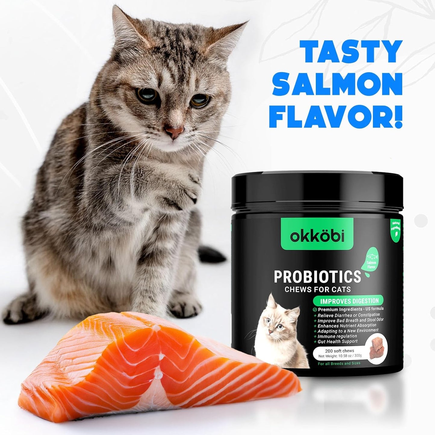 Probiotics for Cats Chews 200PCs - Digestive, Gut Health & Diarrhea Support - Probiotic Chews for Feline - Expert Approved US Formula with Cat Probiotics, Enzymes & Natural Ingredients - Salmon