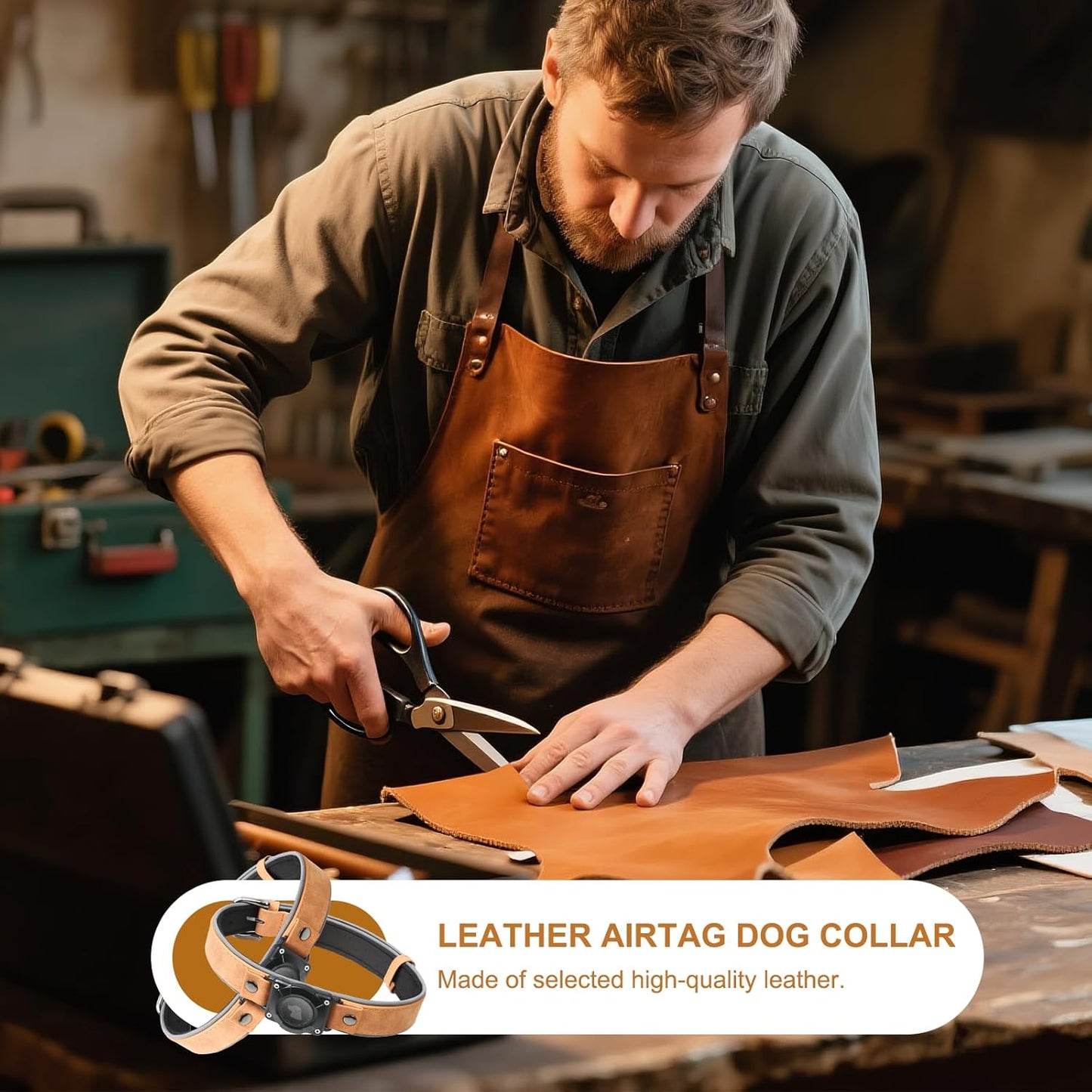 Leather AirTag Dog Collar - IPX8 Waterproof Dog Collar with AirTag Holder|Reflective, High - End, Adjustable Soft Padded |Dog GPS Collar Tracker Fit for Medium Large Dogs (Light Brown, L)