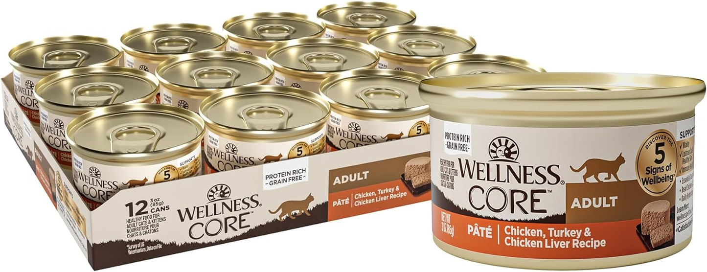 Wellness CORE Pate Adult Wet Cat Food, Natural, Protein-Rich, Grain Free, 3 Ounce, 12 Pack (Chicken, Turkey & Chicken Liver)