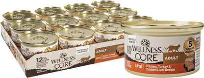 Wellness CORE Pate Adult Wet Cat Food, Natural, Protein-Rich, Grain Free, 3 Ounce, 12 Pack (Chicken, Turkey & Chicken Liver)