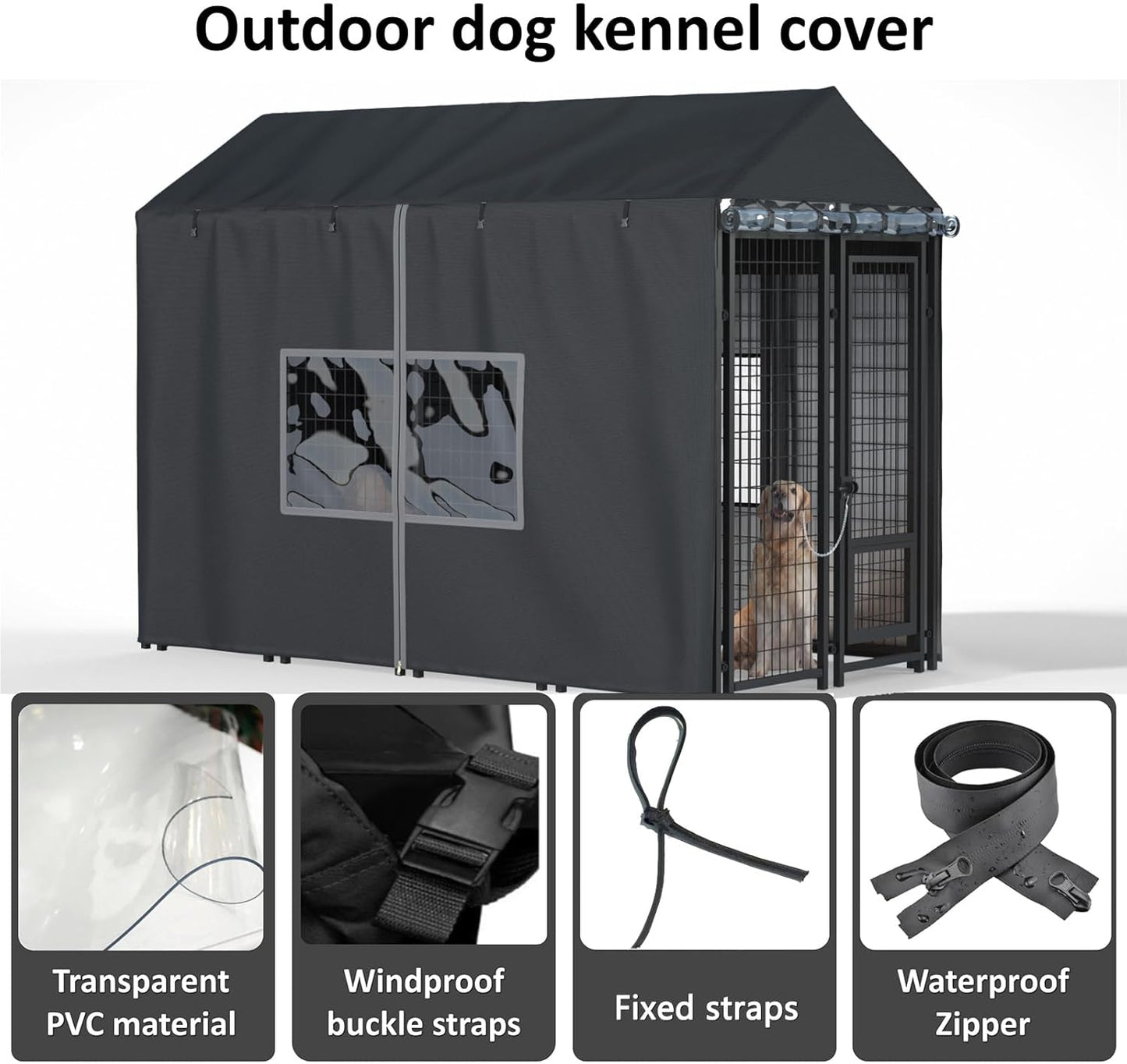 Outdoor Dog Kennel Cover - Full Coverage for 8'Dx4'Wx6'H Dog Cages, 600D Heavy Duty Waterproof Kennel Cover, Black