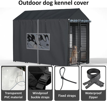Outdoor Dog Kennel Cover - Full Coverage for 8'Dx4'Wx6'H Dog Cages, 600D Heavy Duty Waterproof Kennel Cover, Black