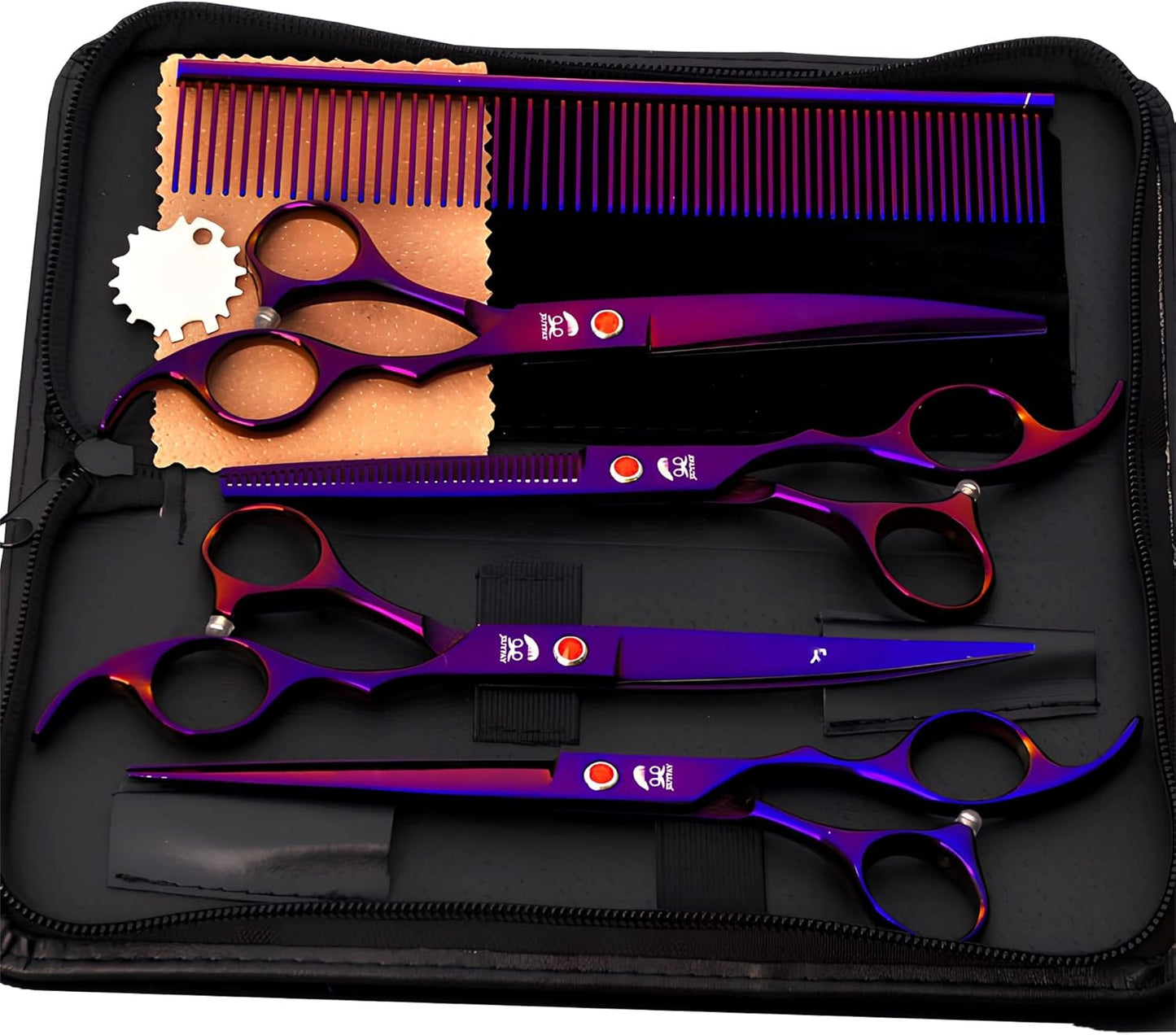7.0 inch Dog Grooming Scissors, Professional 4-Piece Pet Shears Set with Thinning Shears, Straight & Curved Scissors, Storage Bag for Pet Dogs Cats Hair Cutting, Quiet Design (Purple)