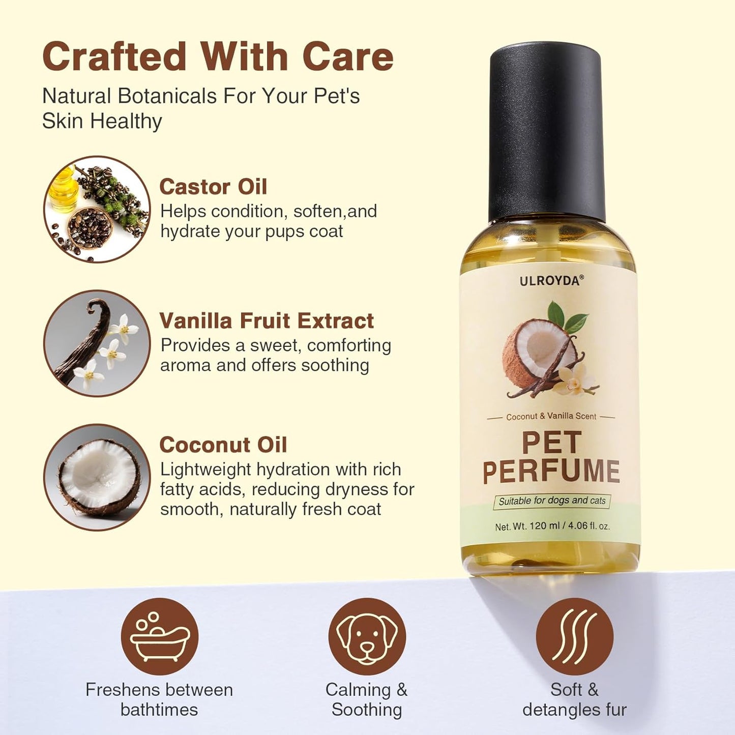 Dog Cologne & Pet Perfume – Long-Lasting Coconut & Vanilla Scent | Alcohol-Free Deodorizing Spray for Dogs & Cats, Gentle Non-sticky Grooming Formula, 4.06 oz