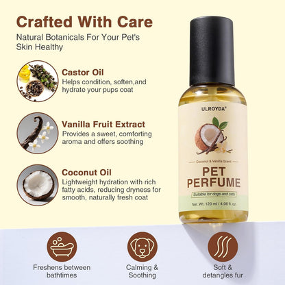 Dog Cologne & Pet Perfume – Long-Lasting Coconut & Vanilla Scent | Alcohol-Free Deodorizing Spray for Dogs & Cats, Gentle Non-sticky Grooming Formula, 4.06 oz