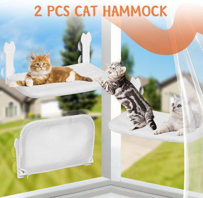 2 Pack Large Size Cat Window Perch,Cat Window Hammock Cordless Foldable Window Bed with 4 Large Strong Suction Cup,Reversible Cushion Cover,Metal Frame Easy to Adjust Window Seat (White，L)