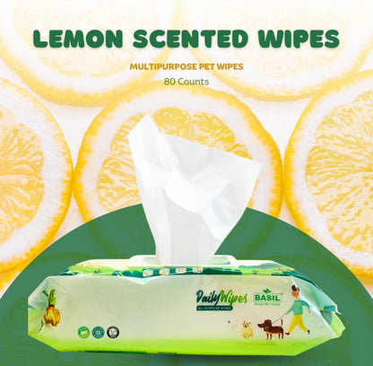 BASIL - Pet Grooming Wipes – 80 Count (8″ × 8″) | Aloe Vera, Vitamin E & Castor Oil Infused | Multi-Purpose Wipes for Dogs, Cats & Puppies | Cleans Paws, Ears, Mouth & Butt | Lemon Scent, Paraben-Free