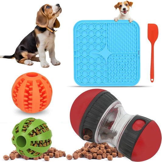 Slow Feeding Set for Smart Puppy Middle Dogs to Keep Them Busy - Slow Feeder Lick mat & Interactive Ball Toys with Puzzle for Dog Smarter Eating & Engaging
