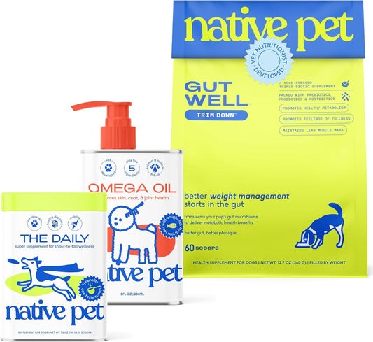 Native Pet Slim & Wellness Trio: 60 Scoops GutWell Trim Down Dog Weight Loss Supplement, 30 Scoops 11-in-1 Vitamins & Supplements & 8 Oz Omega 3 Fish Oil for Dogs & Cats