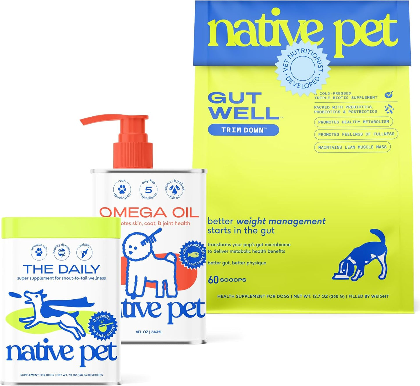 Native Pet Slim & Wellness Trio: 60 Scoops GutWell Trim Down Dog Weight Loss Supplement, 30 Scoops 11-in-1 Vitamins & Supplements & 8 Oz Omega 3 Fish Oil for Dogs & Cats