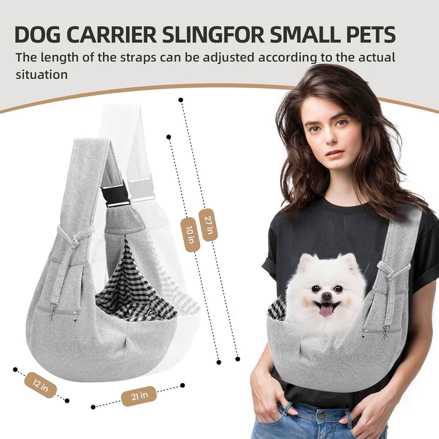 Adjustable Dog Carrier Sling - Hand-Free Dog Carriers for Small Dogs and Cats, Puppy Sling Carrier with Zipper Purse Pocket, Travel Safety Harness, Puppy Essentials (Gray)
