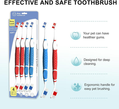 4Pcs Professional Pet Toothbrush, Dog & Cat Soft Bristle Double-Sided Brush Head Set, Pet Brushing Teeth to Clean Teeth to Reduce Tartar Buildup, Pet Dental Care Essentials