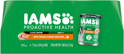 IAMS Proactive Health Adult Wet Dog Food Classic Ground with Chicken and Rice, 13 oz. Cans (6 Count, Pack of 1)