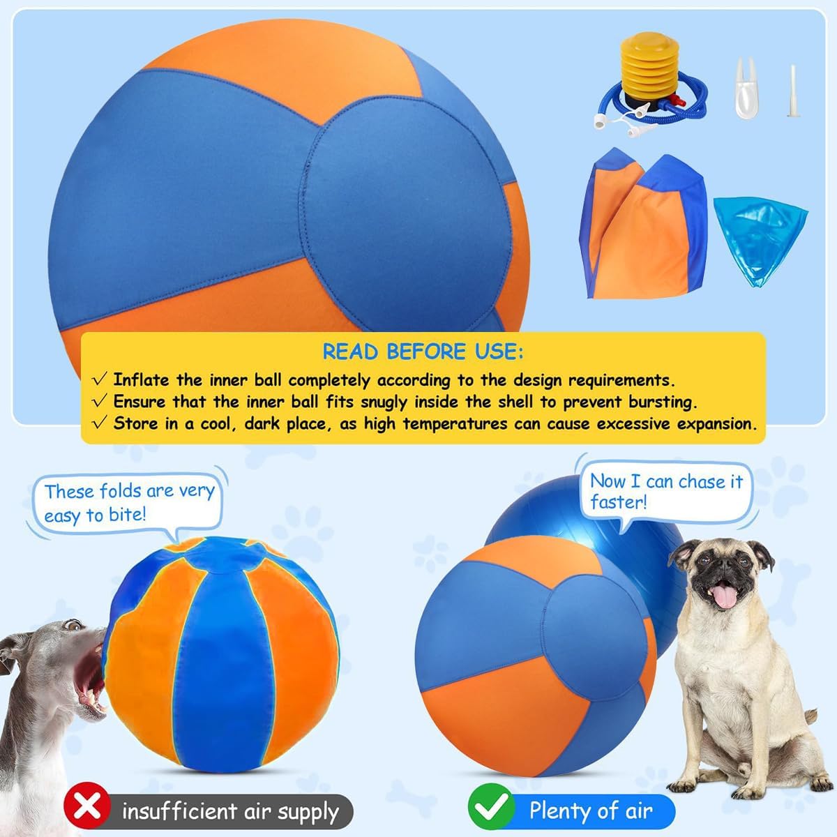 18" Herding Ball for Dogs | Jolly Ball for Horses & Large Dogs | Dog Agility Equipment | Interactive Dog Ball with Cover & Hand Pump (Orange&Blue)