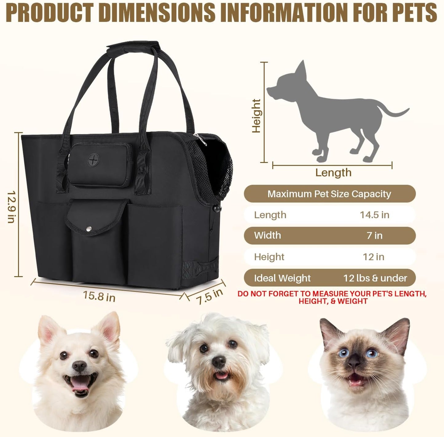 SlowTon Dog Purse Carrier - Portable Dog Carrier with Pockets & Safety Leash for Small Dogs Under 12 lbs, Breathable Pet Tote Bag for Cat Rabbit Outing, Travel, Vet (Black)