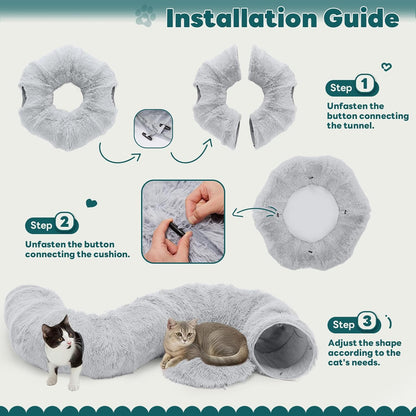 Smug Cat Tunnel Bed for Indoor Cats, Soft Plush Peekaboo Cat Cave Donut Tunnel, Washable Multifunctional Playground Toys Pet Christmas Tree Decoration for Kittens, Rabbit, Ferret (Grey)